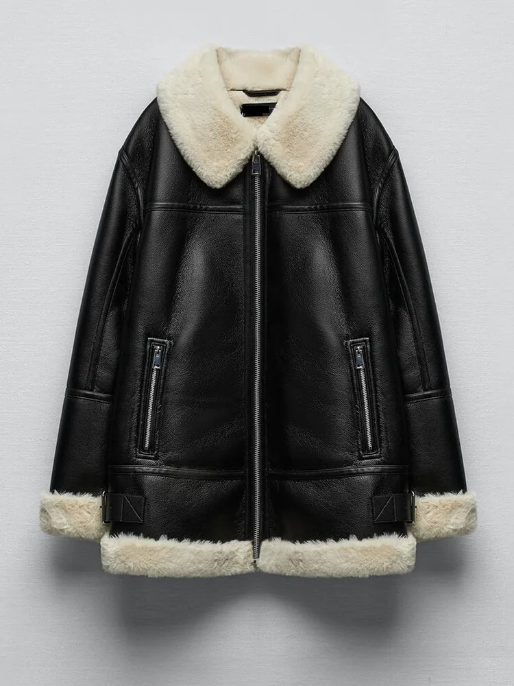 

LY VAREY LIN New Winter Faux Soft Leather Jacket Women High Street Lapel Zipper Pu Coat Lady Loose Thick Warm Motorcycle Outwear