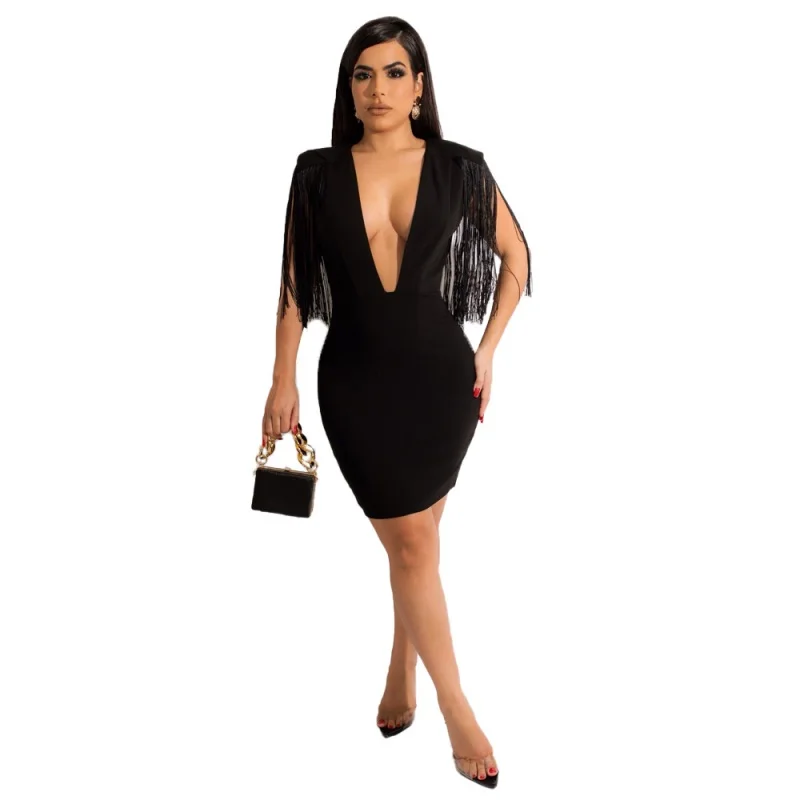 

2023 Tassel Sexy Club Mini Dresses Spring Summer Women V-Neck Three Quarter Sleeve Bodycon Patchwork Dress Sheath Pencil Dress