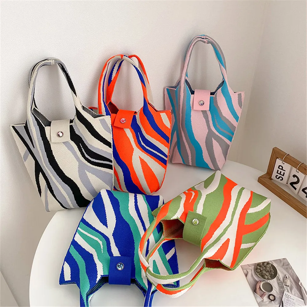 

Knitted Tote Bag Women Casual Wrist Bag Large Capacity Shoulder Bag Handbag Ladies Eco Shopping Bag Reusable Grocery Storage Bag