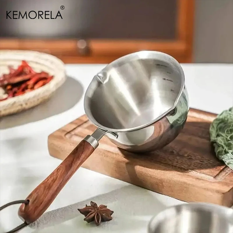 Description Picture 6 of item1PC Stainless Steel Oil Pot with Wooden Handle 200ml Spilled Mini Soup Milk Pot Scalding-proof Kitchen Tool Cook Accessories