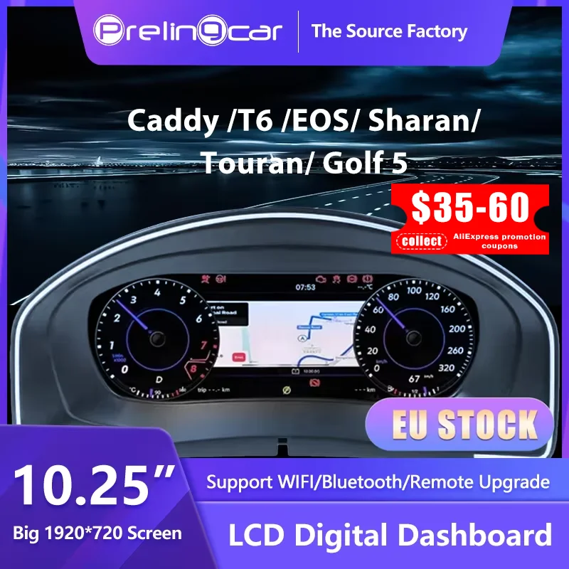 PrelingCar 10,25 panel de tablero Digital para VW Variant Caddy Touran T6 EOS Sharan Golf 5 instrumento Virtual Paneel Cockpit 1
