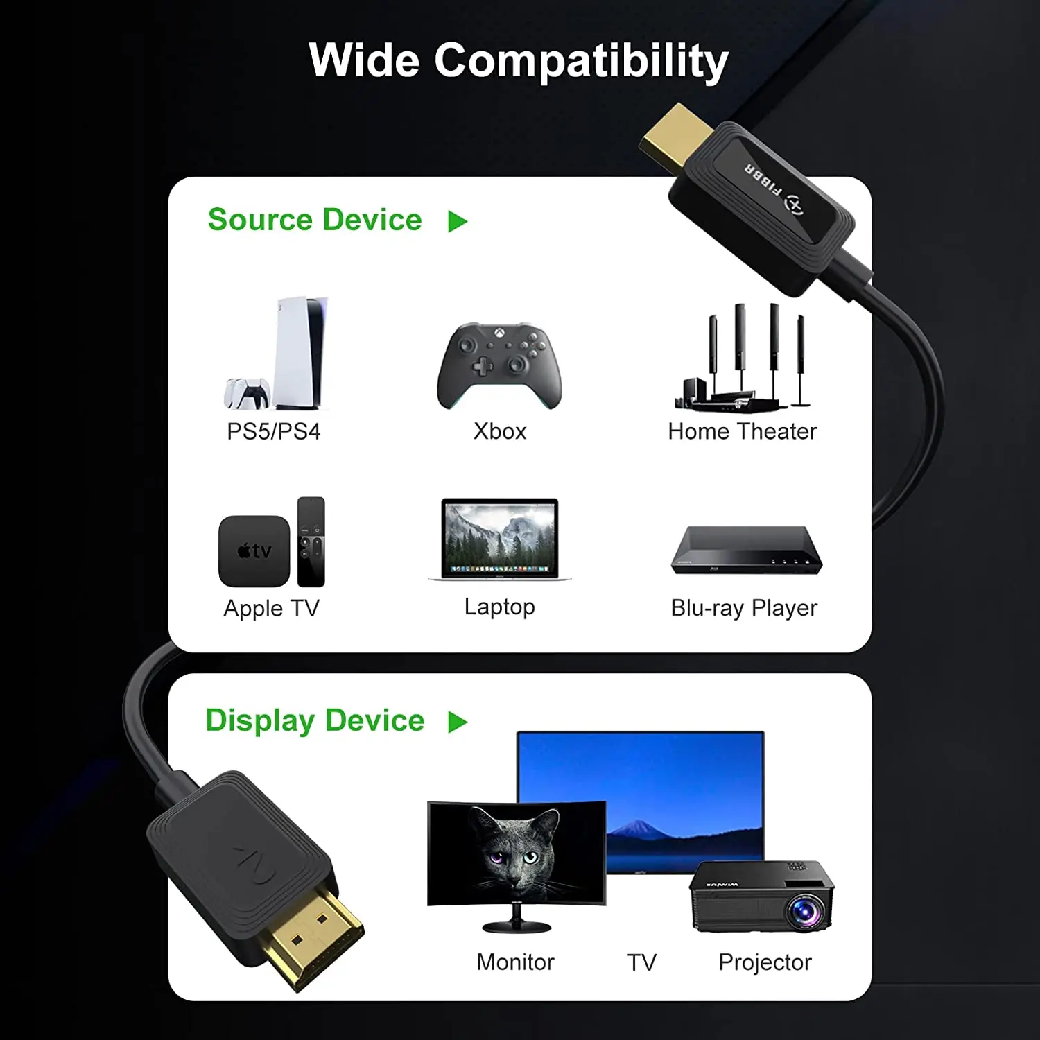 FIBR 광섬유 HDMI 2.1 호환 케이블, eARC HDR HDCP 2.2 2.3, HDTV PS5 블루레이 Xbox PC TV, 8K, 60Hz, 48Gbps, 4K, 120Hz, 144Hz