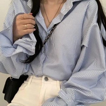 여성용 스트라이프 셔츠, 프레피 스타일 긴팔 탑, 여성용 빈티지 용수철 패션, 단추 업 블라우스, 레이디 캐주얼 루즈 시크 카미사스