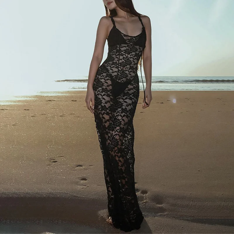 Lace Dresses Women Summer Sheer See Through Spaghetti Strap Sleeveless Bodycon Long Dress Sexy Evening Party Dresses