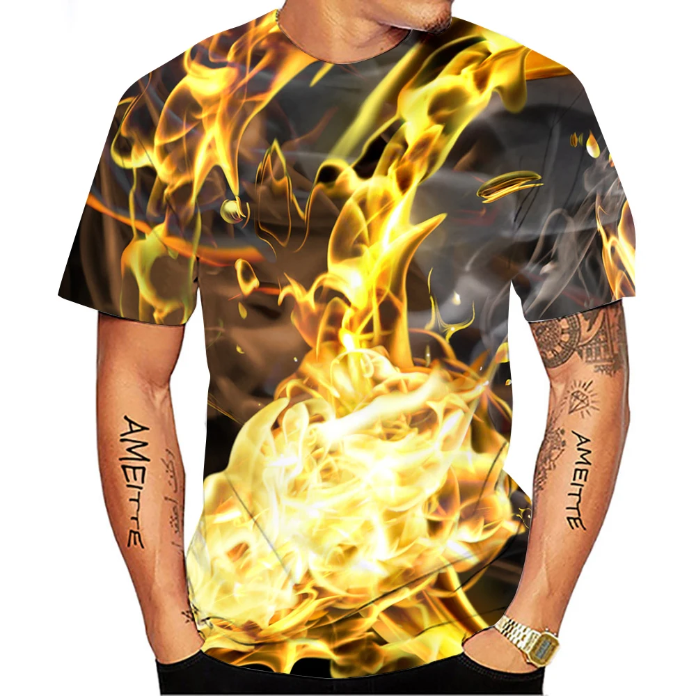 

Summer Burning Flame Pattern Quick-Dry Men's T-shirt Hip Hop 3D Print Personality Neck Short Sleeve Fashion Clothes