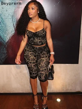 Beyprern Women Hollow Out Spaghetti Strap Lace Capri Set Two-Piece Outfits Night Out Club Overalls Rave Outfits 1