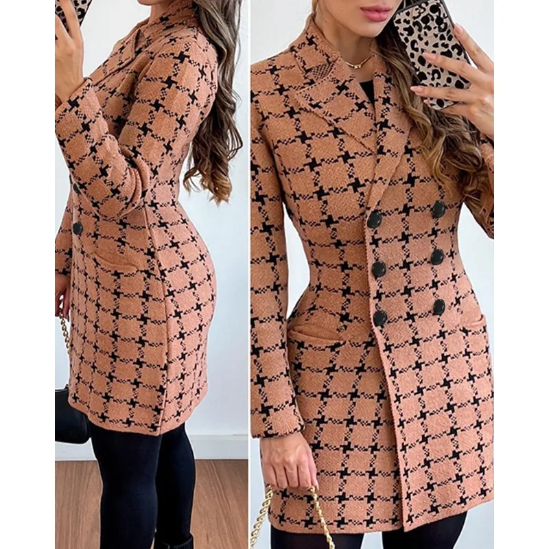 

Plaid Print Double Breasted Knit Cardigan Top Coat Y2K Chic Women Autumn Winter Long Sleeve Lapel Collar Corset Jacket Outwear
