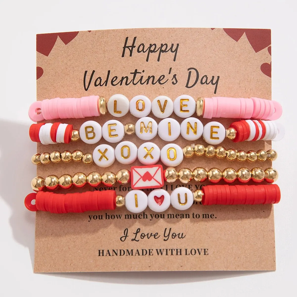 7Pcs/Set Romantic Love Heart Pendant Bracelets for Women Cute Trendy Pink Beaded Couples Bangles Valentine's Day Jewelry Gifts