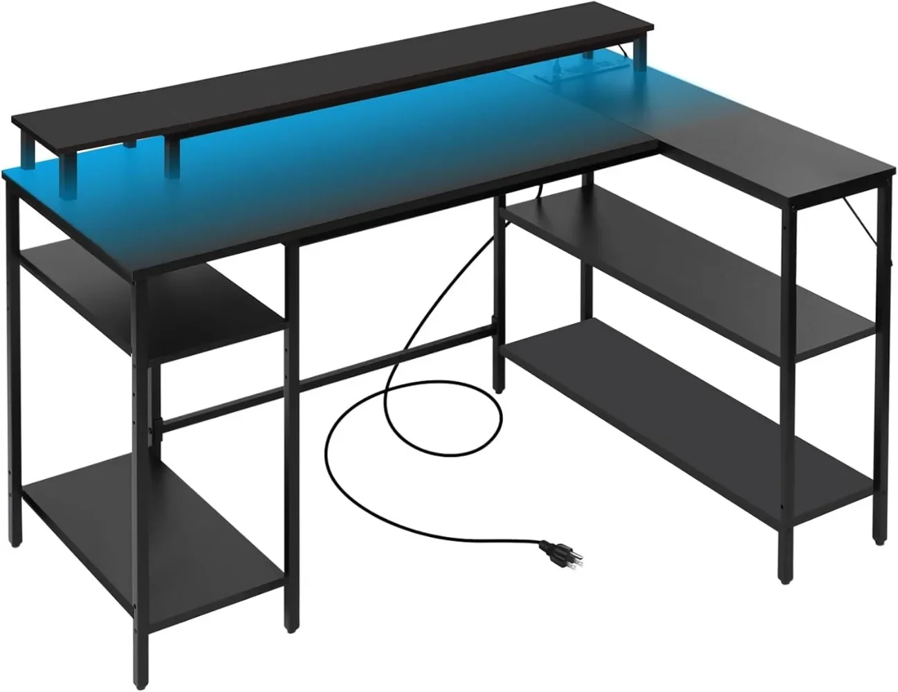 L Shaped Gaming Desk with LED Lights & Power Outlets, Reversible Computer Desk with Stand & Shelves 3