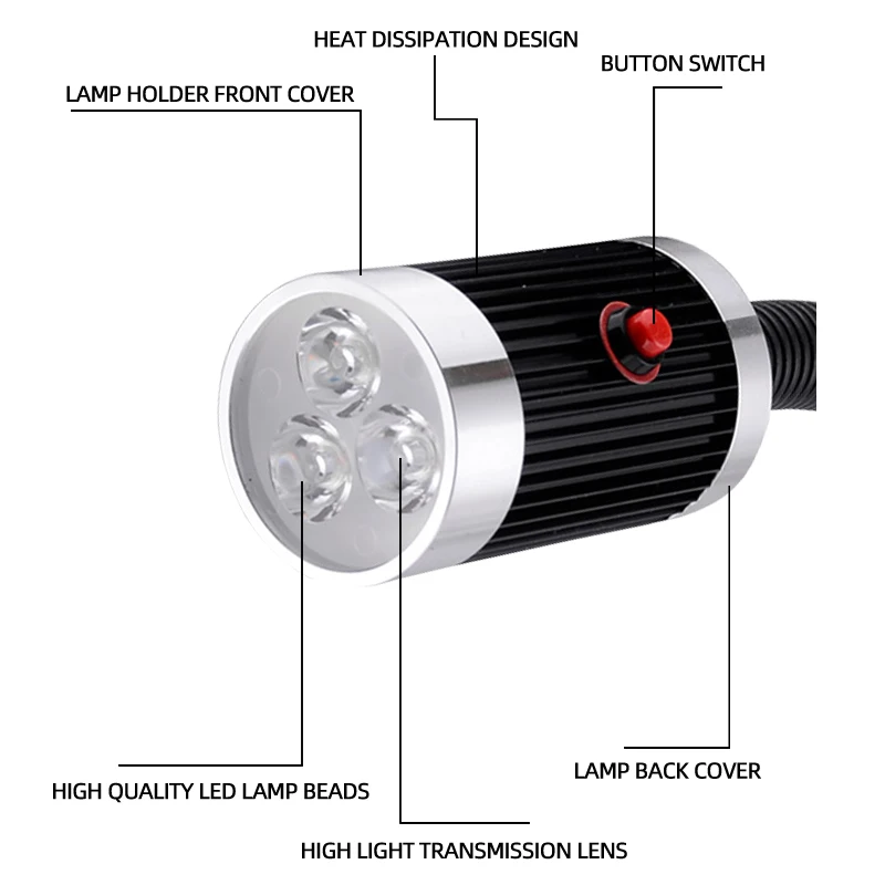 LED CNC Machine Tool Work Lamp Lathe Long Gooseneck Workshop Working Lights 3/6/9W Super Bright Industrial Lamp Sewing