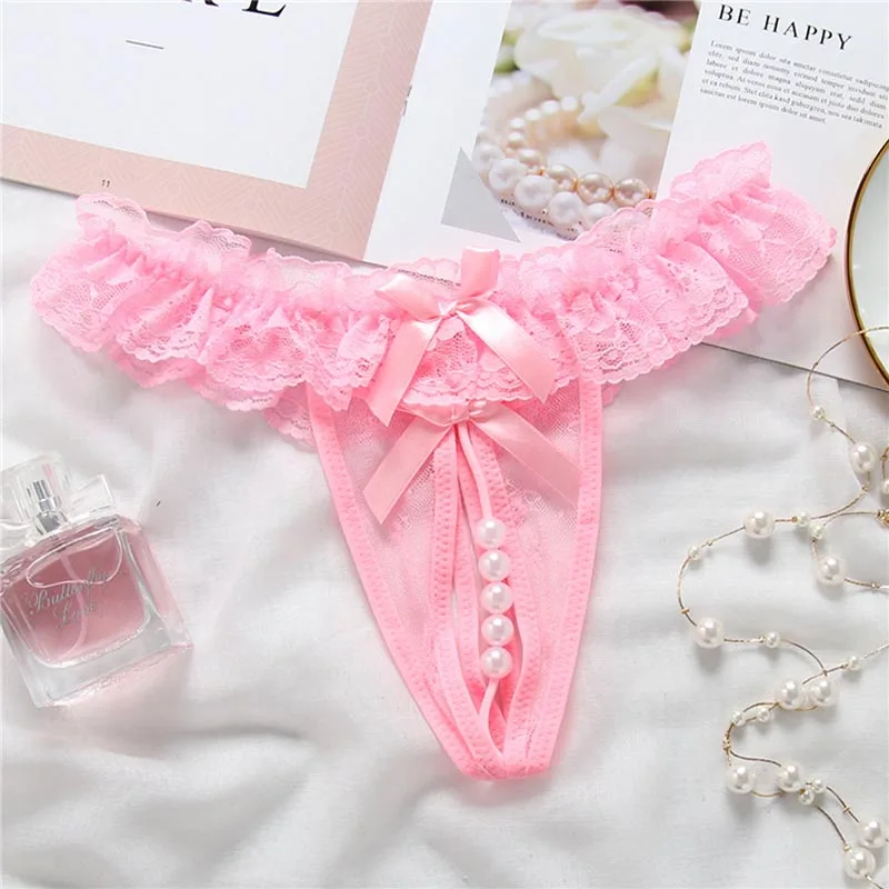Women's Underwear Opening Crotch Pearls Thongs G-String transparent sexy panties female lace low-waist Crotchless briefs