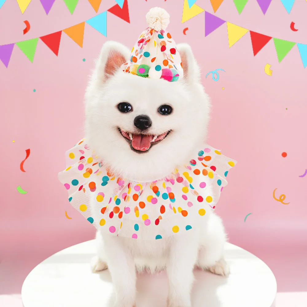 Cute Dot Cat Dog Birthday Bib and Party Hat Mini Doggy Cat Adjustable Bandana Scarf Pet Birthday Outfit Puppy Supplies Pet Scarf Pet Hat Pet Bib
