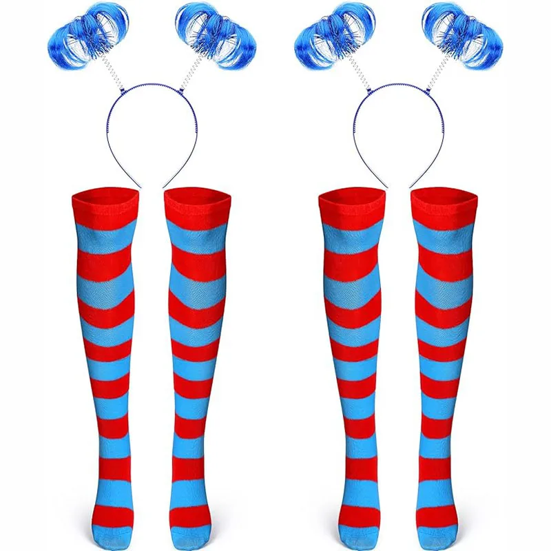 Blue Ponytail Headband Feather Hair Long Knee Thigh High Striped Socks Blue and Red Striped Socks for Halloween Kids Party