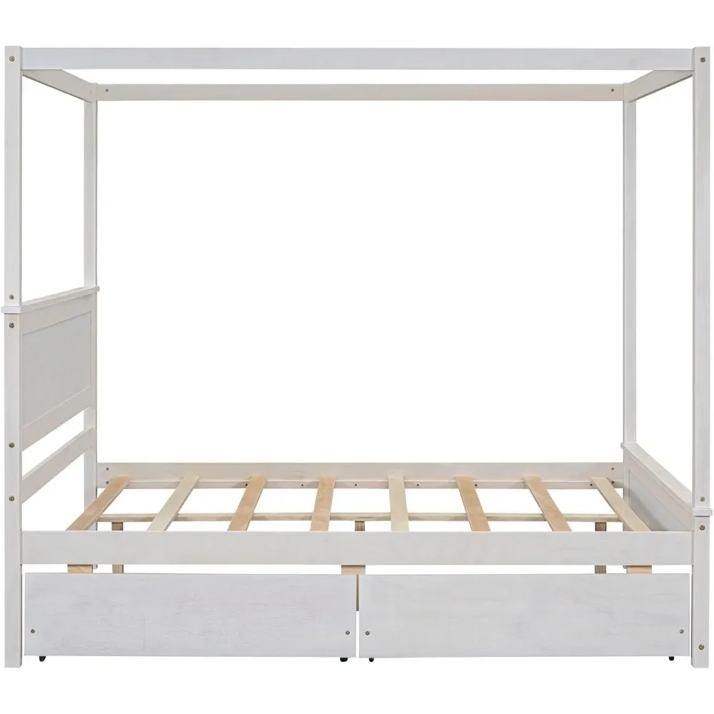 Full Size Canopy Bed Frame with 2 Drawers,Wooden Canopy Bed with Storage,Four Post Bed with Headboard for Kids Girls Boys 4