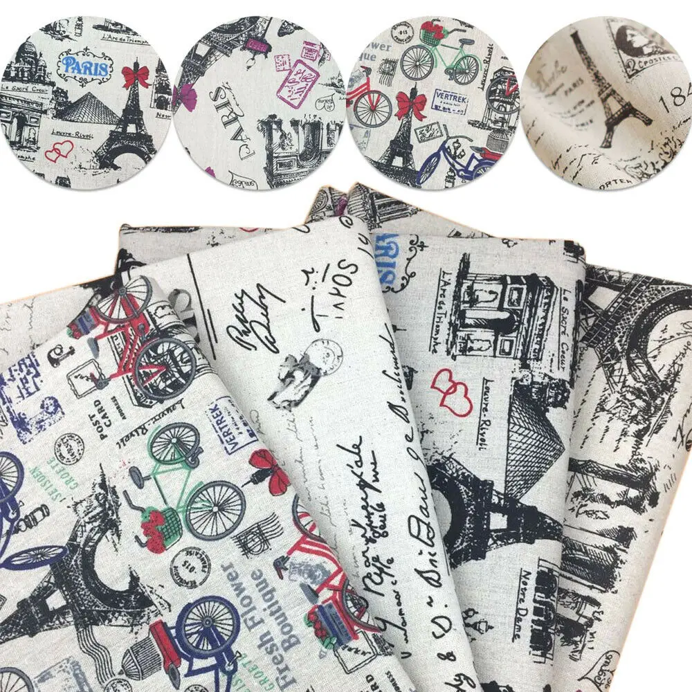 Purple Red Bow Bicycle Crown Eiffel Tower Retro Printed Cotton Linen Fabric Diy Sofa Tablecloth Cushion Pillow Materials