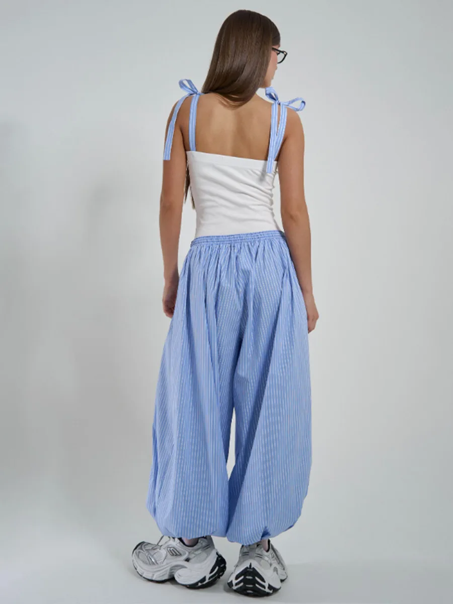 Tossy Striped Lace-Up Casual Women's Pants Patchwork Loose Streetwear Trousers High Waist Commute Clothes Female Bandage Pants
