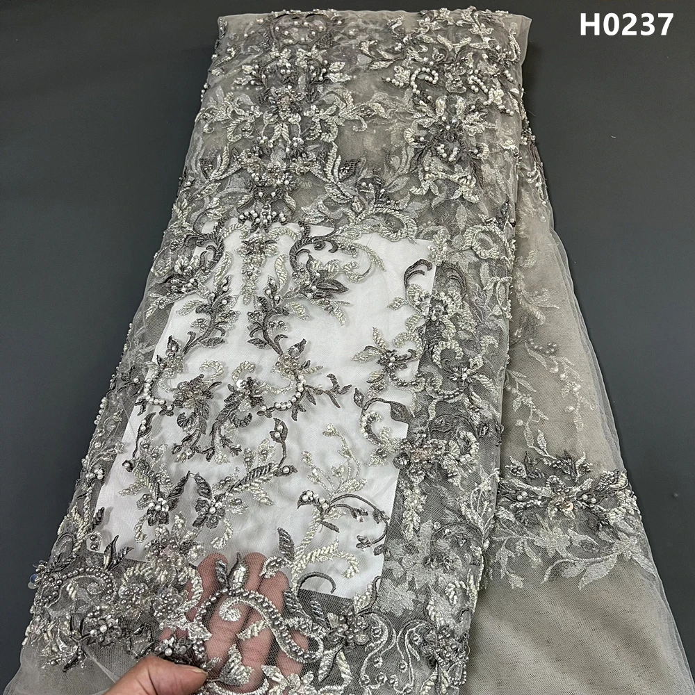 

2023 African Nigerian Tulle Lace Fabric High Quality French Guipure Sequins Wedding Party Dress Embroidery Beaded 5Yards H0237