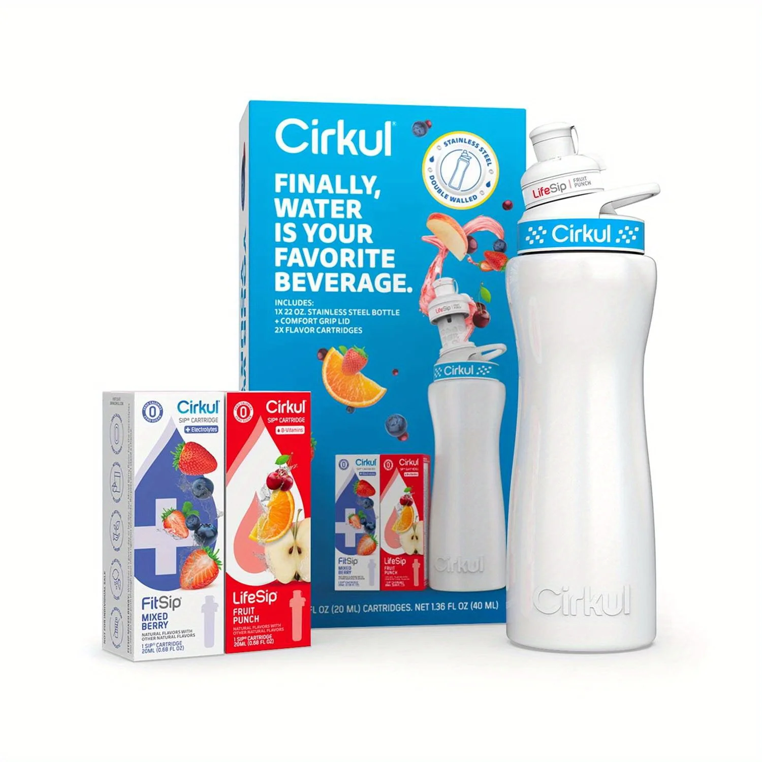 

Cirkul 22oz White Stainless Steel Water Bottle Starter Kit with Blue Lid and 2 Flavor Cartridges (Fruit Punch & Mixed Berry) Hom