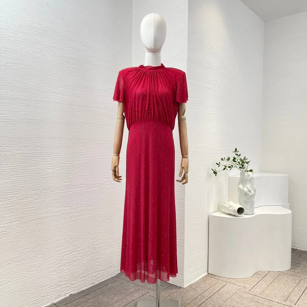 

2024 Spring Red Diamonds Short Sleeve Midi Dress
