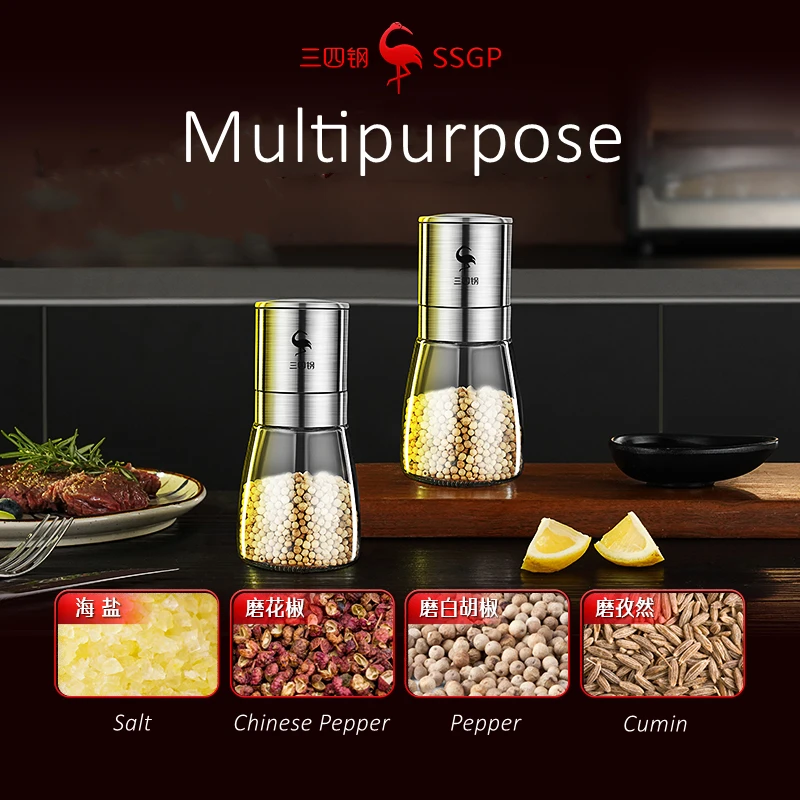 LFGB Certificated 304 Stainless Steel and High Borosilicate Glass Pepper Transparency Anti-fall Mill Salt Cumin Spice Grinder