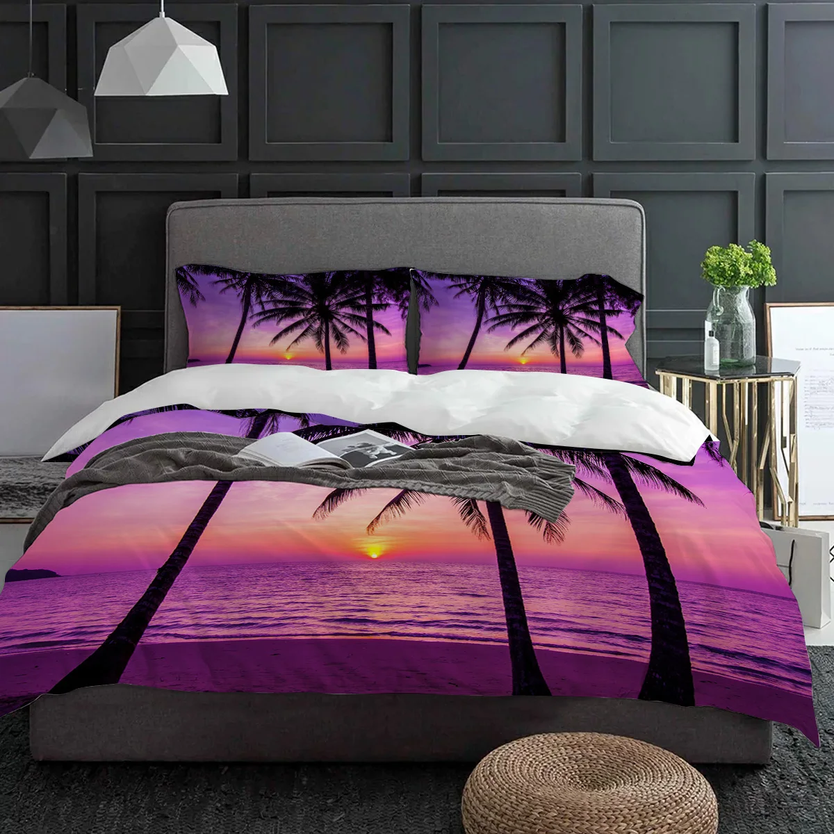 Purple Tropical Beach Sunset Bedding Set 3pcs Duvet Cover Pillowcase Kids Adult Quilt Cover Double Bed Set Home Text
