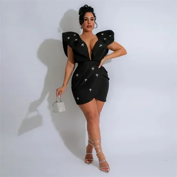 Deep V Neck Back Open Sexy Bodycon Rhinestone Women Party Dress Flying Sleeve ruched Irregular Mini Night Club Dress Black White 1