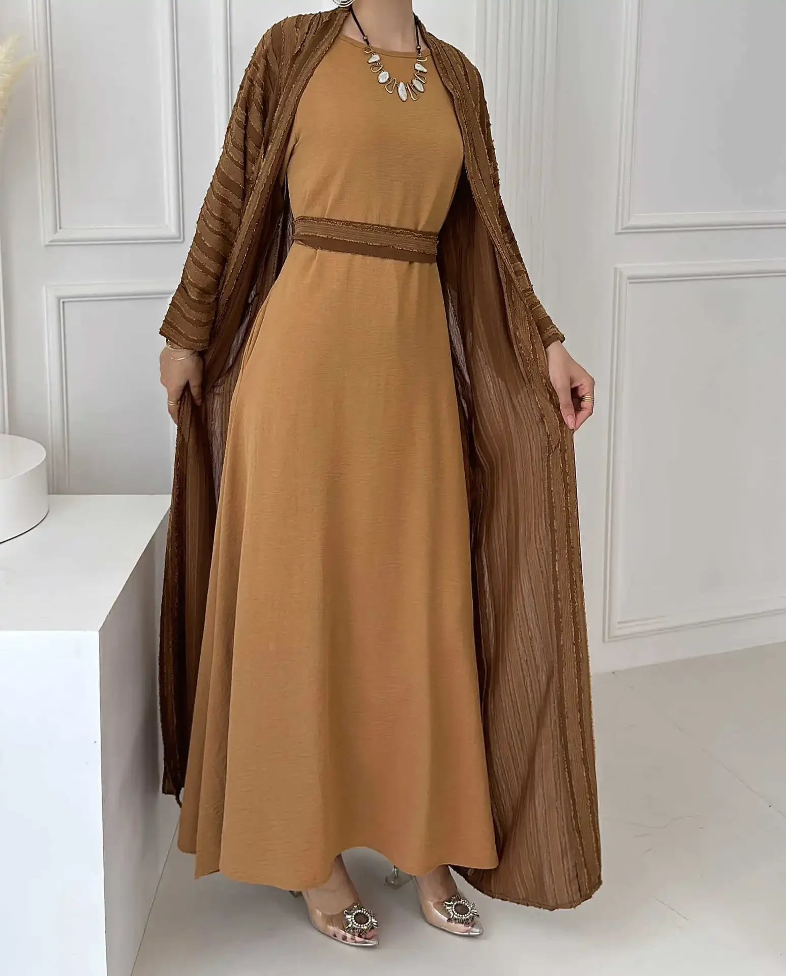 Eid Plain Kimono Abaya with Inner Dress 2 Piece Set Striped Open Abayas for Women Dubai Turkey Arabic Muslim Islam Outfit Kaftan