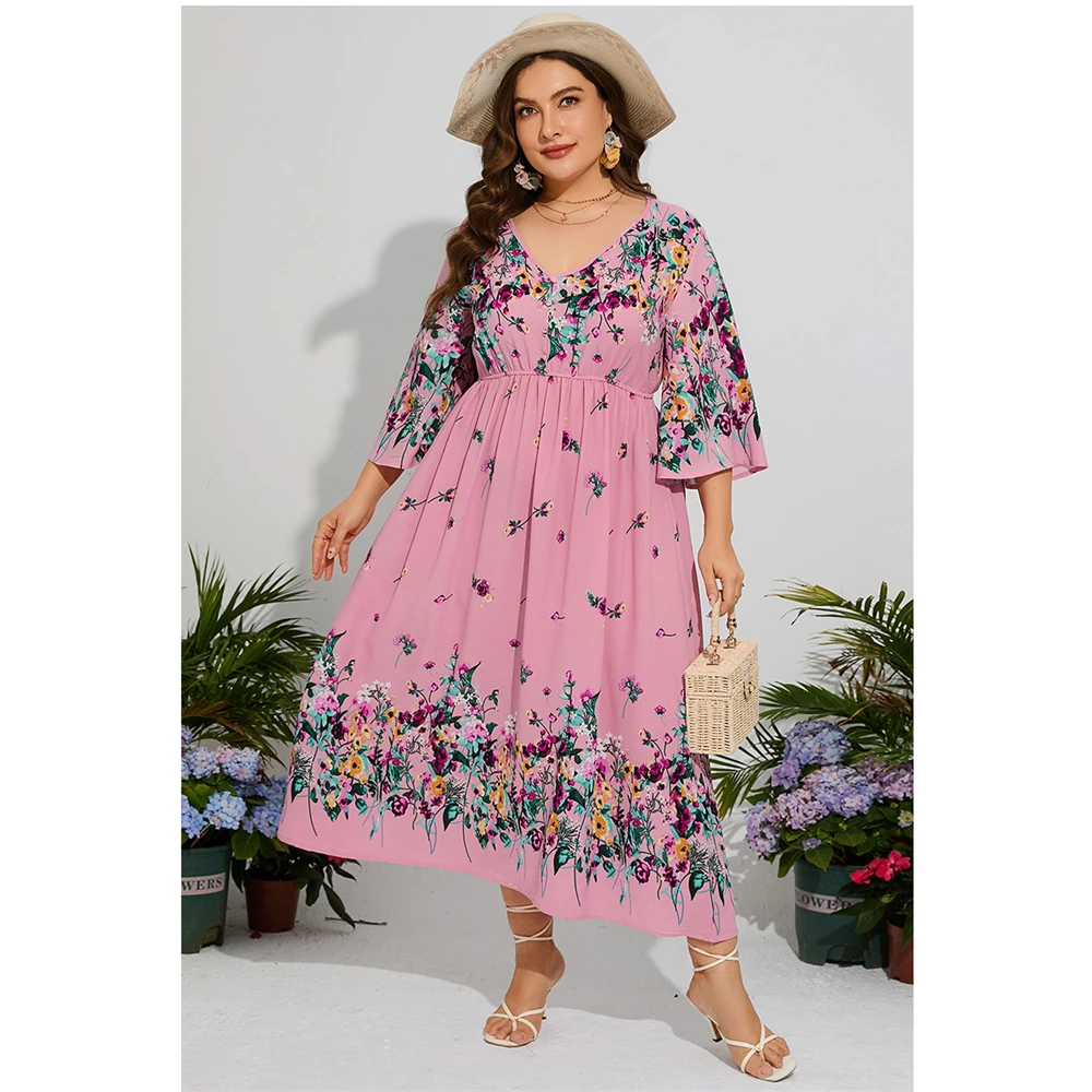 

Plus Size Floral Print Vintage Muslim Women Chiffon Elastic Waist Flared Sleeve Holiday Long Maxi Dress Kaftan Dubai Abaya Gown