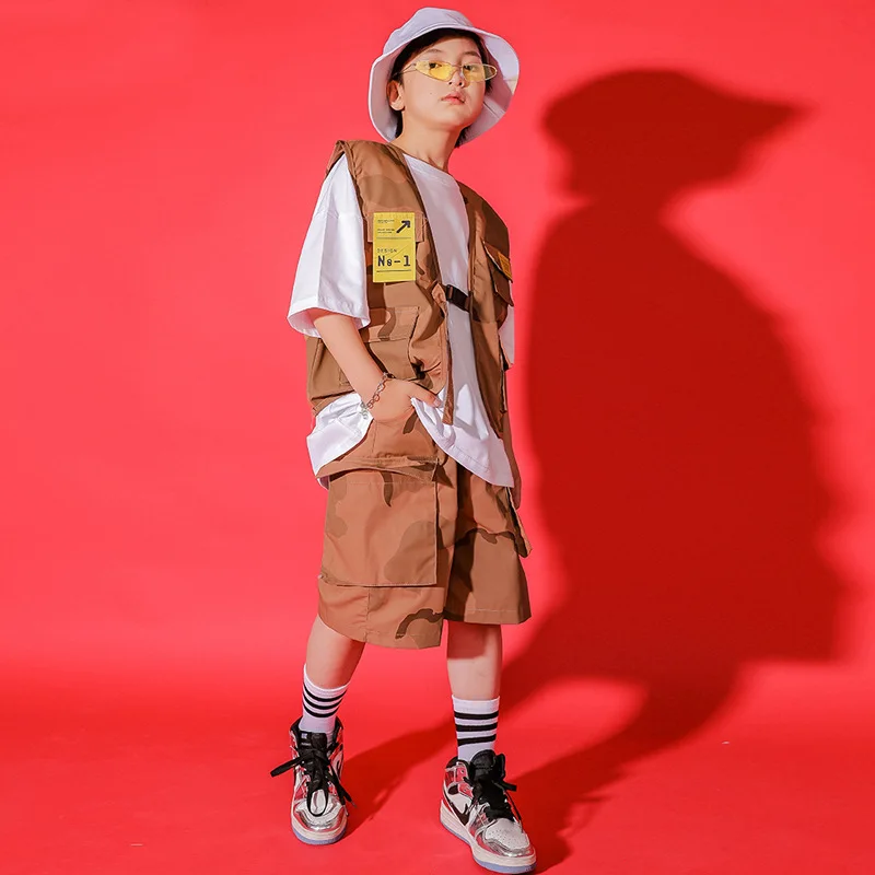 Fashion Kids Jazz Dance Costumes Loose Vest Camouflage Shorts Suit Girls Ballroom Hip Hop Dance Performance Clothing DQS11964