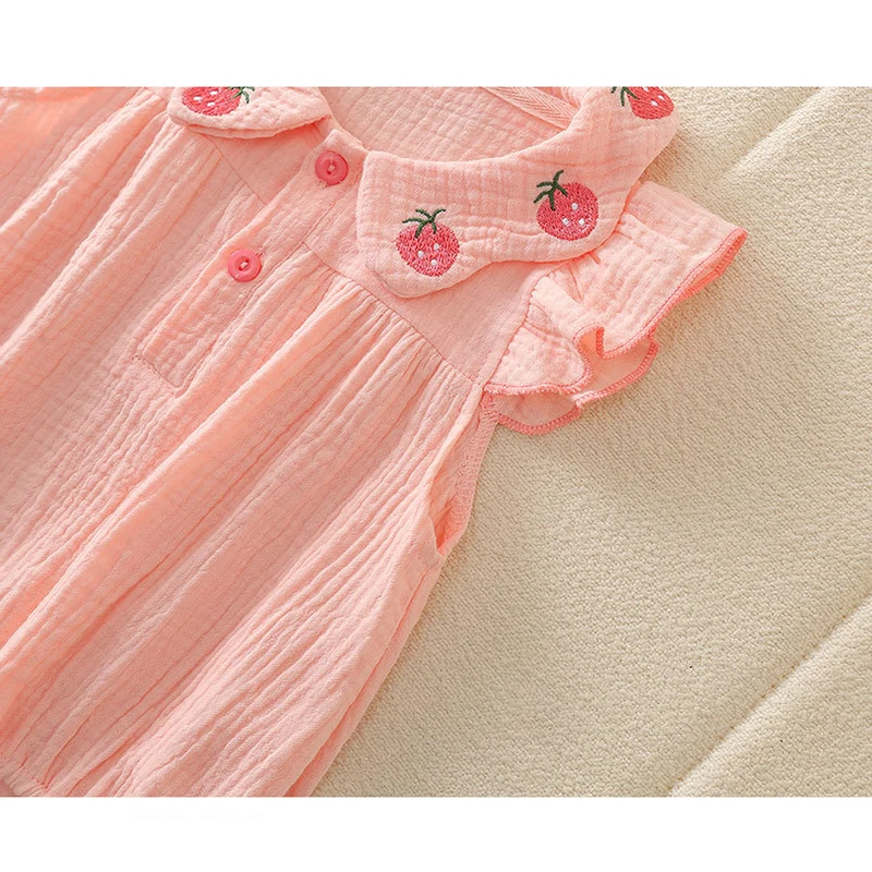 Cotton Baby Jumpsuit for Girls with Strawberry Embroidery