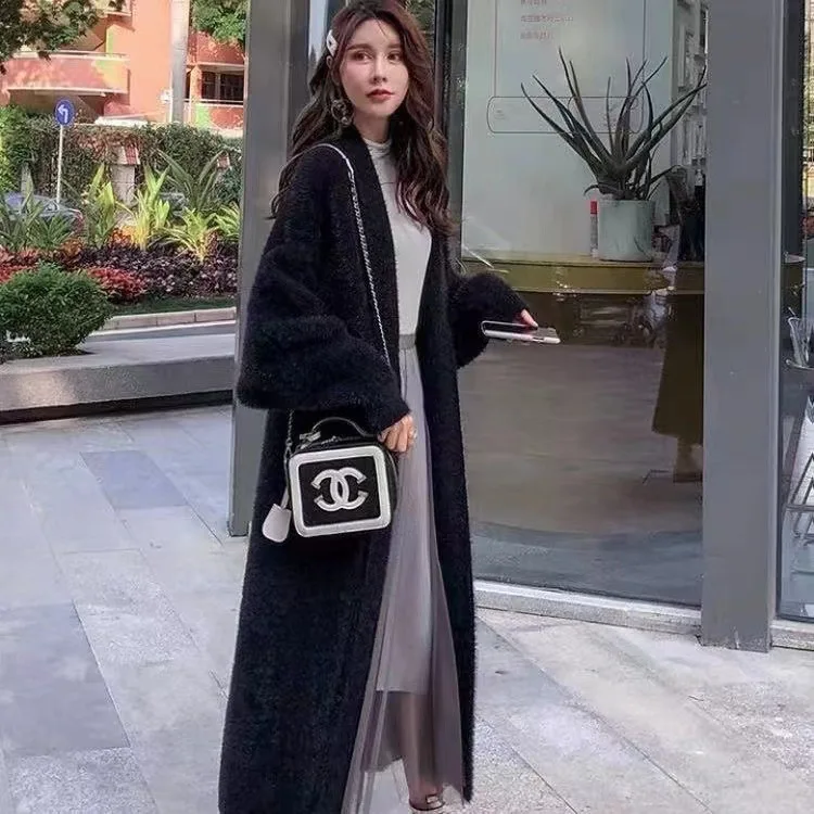 Fluffy Long Cardigan Women Elegant Long Sleeve Fur Loose Female Knit Sweater Coat 2023 Autumn Winter Street Maxi Lady Outwear