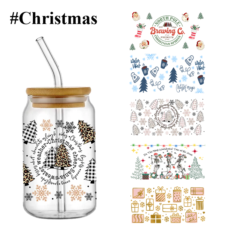 

Christmas UV DTF Transfer Sticker For The 16oz Libbey Glasses Wraps Bottles Cup Can DIY Waterproof Easy To Use Custom Decals