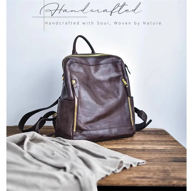 Einfache Vintage-Designer-Rucksäcke aus echtem Leder für Damen, handgefertigt, für Outdoor- und Wochenendreisen, luxuriöse Schulranzen aus Rindsleder für Damen – Detail 13