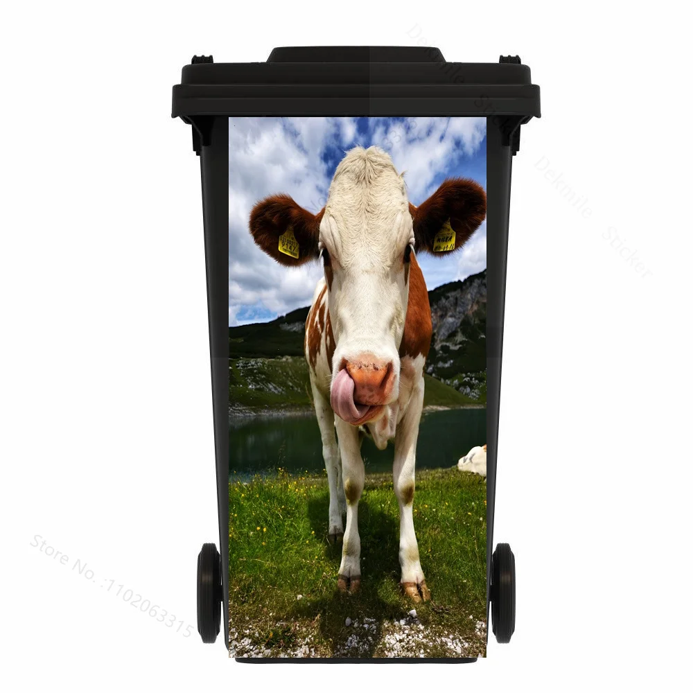 Trash Can Sticker Funny Cattle Animal Trash Can Sticker Outdoor PVC Waterproof Stickers Diy Garbage Bin Green Plant Leaves Peel and Stick Decals