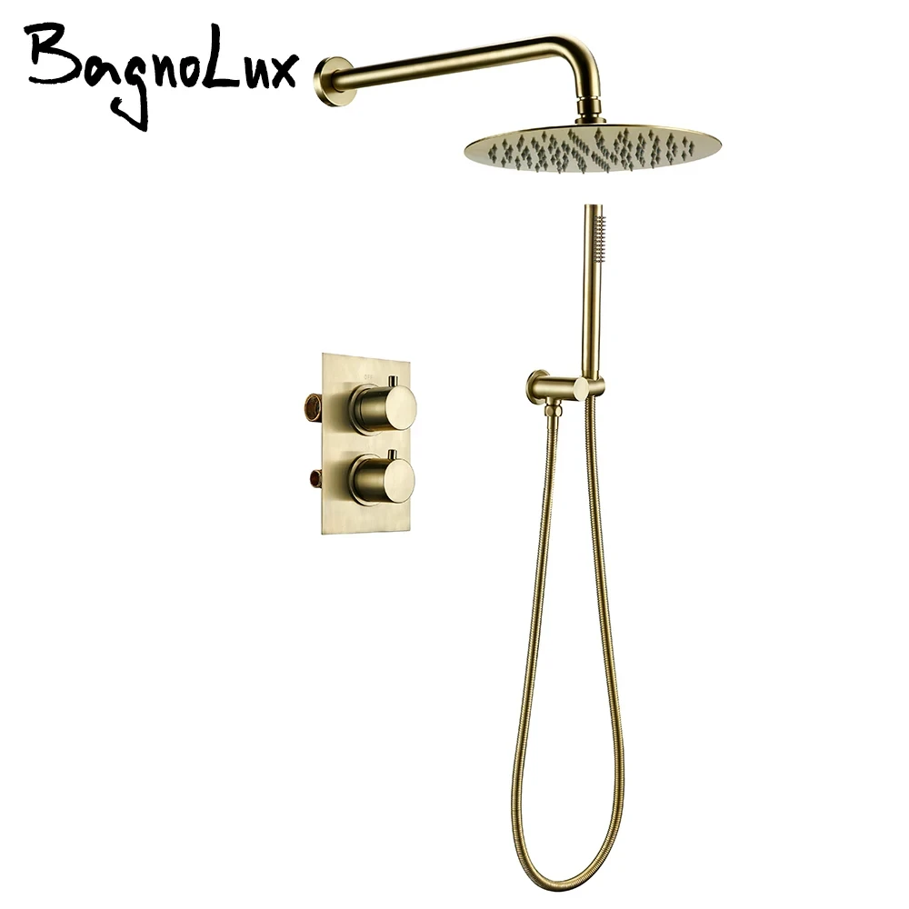 Brushed Gold Thermostatic Mixer Diverter Set Bath Bathroom Shower Head Rianfall Luxury Combo Faucet Wall Mount Arm Shower Head Shower Set