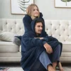 Women Winter Thick Warm Hooded Outerwear Solid Elegant Soft Double Fleece Jacket Unisex Pocket Pullover Long Hoodies Home Wear 2