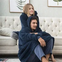 Women Winter Thick Warm Hooded Outerwear Solid Elegant Soft Double Fleece Jacket Unisex Pocket Pullover Long Hoodies Home Wear 2
