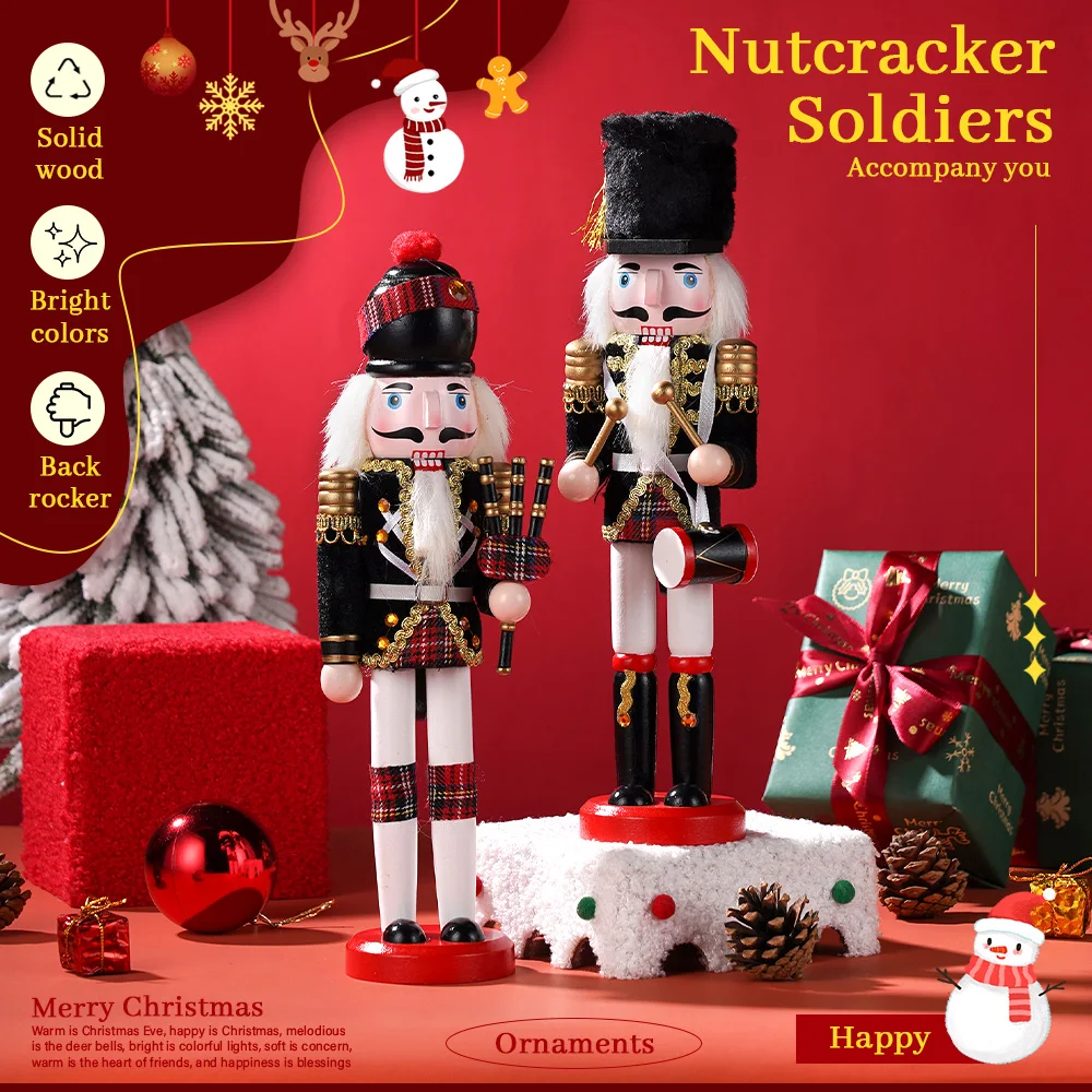 30 cm hölzerne Nussknacker-Figur, Dudelsack/Trommer, Soldat, Kunsthandwerk, Weihnachtsdekoration, Zuhause/Shop, Desktop-Dekoration, Sammlerstück, GIF