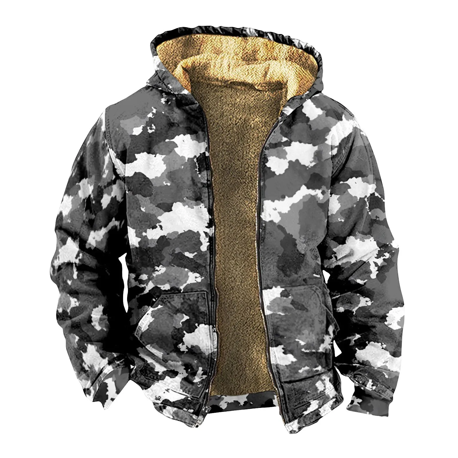 

Men Winter Hooded Coat Fashion Camouflage Print Jackets Y2k Sweatshirts Plush Lining Zipper Open Overcoat Hombre Clothing