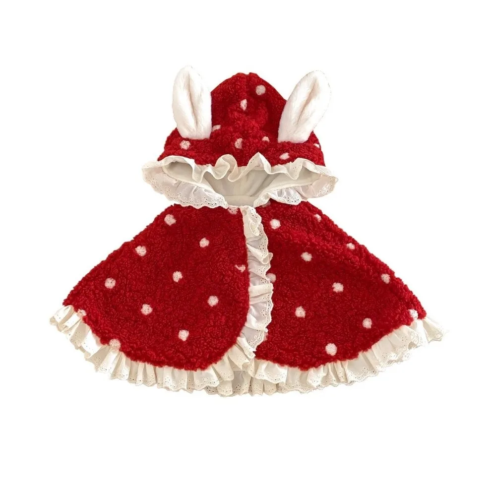 내구성 있는 따뜻한  후드 망토 공주 플리스 여아 겨울 케이프  레이스 토끼 귀 스노우 재킷