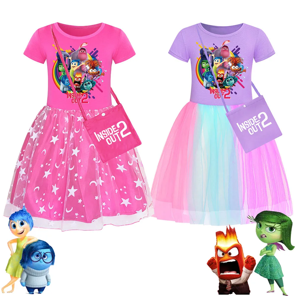Kids Girls Dress Inside Out 2 Summer Cartoon Joy Disgust Lace Princess Vestido Dress Casual Clothes Children Birthday Party Sets