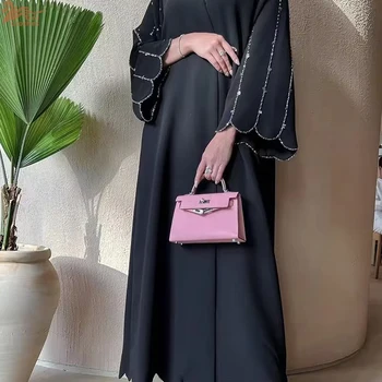 2025 Dubai Luxury Black Abaya Women Muslim Dress Diamond Beaded Cardigan Front Open Abaya Islamic Clothing 1