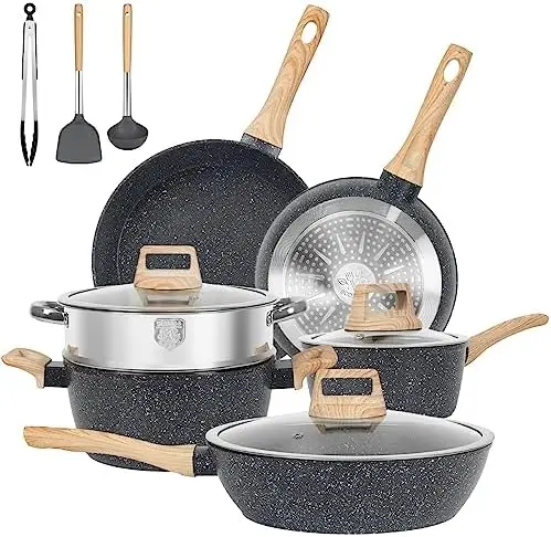 

and Pans Set, Nonstick Kitchen Cookware Sets, 12 Pcs Induction Cookware Granite Cooking Set with PFOS & PFOA Free Frying Pan Pla