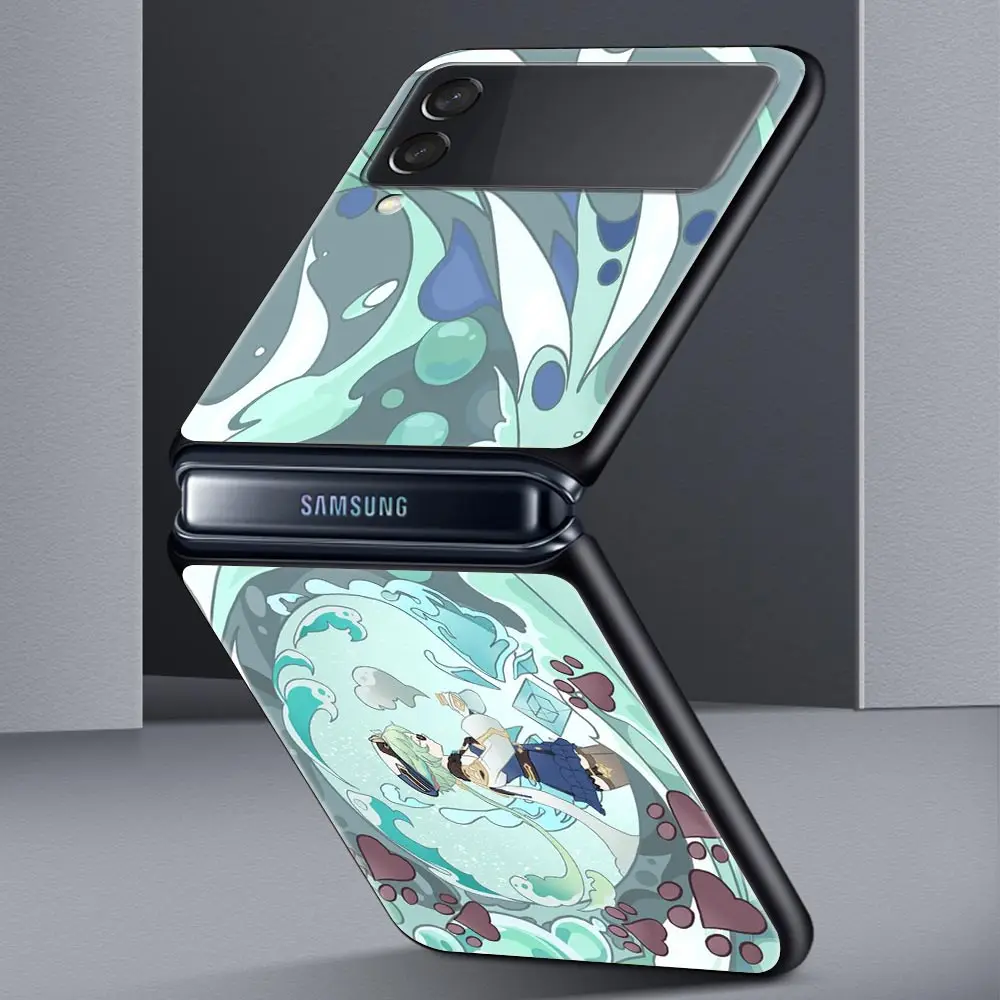 For Samsung Galaxy Z Flip 3 4 5 Hard Black Folding PC Phone Case Genshin Impact Cartoon Logo For Samsung Z Flip3 Back Cover