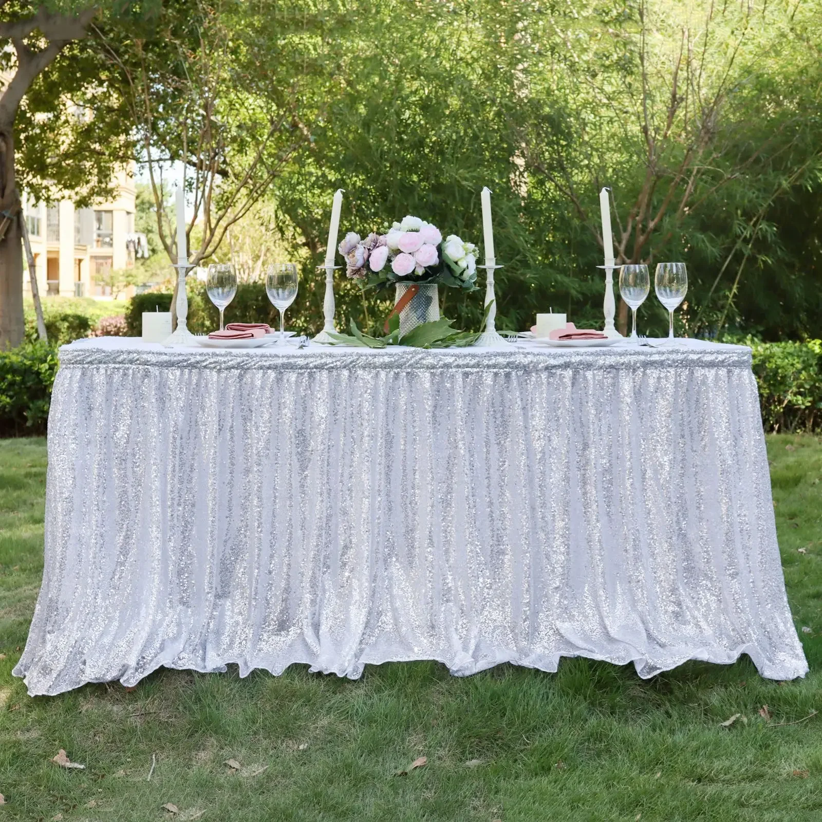 Light Gold Sequin Table Skirt Tablecloth Glitter Sparkly Shimmer Rectangle Table Covers Birthday Party Event Wedding Decor