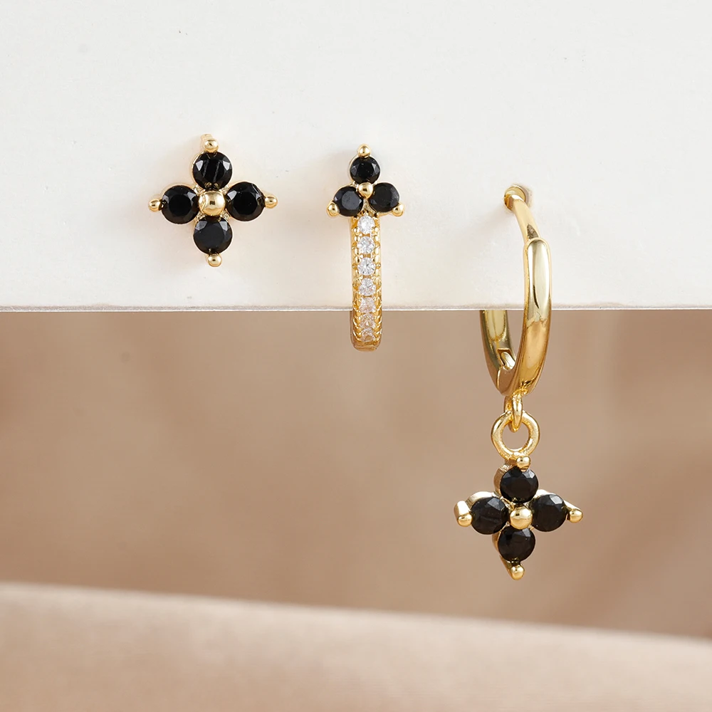 סט של 3 עגילי חישוק קטנים מפלדת אל-חלד עם פרחים לנשים, מצופים זהב 18K, תכשיטי חור בקרטילג'