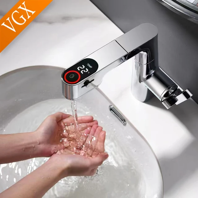 VGX มัลติฟังก์ชั่ห้องน้ําก๊อกน้ําดึงอ่างล้างหน้าก๊อกน้ํา Gourmet LED อุณหภูมิ TAP 360 °   ก๊อกน้ําเครนทองเหลืองสีขาว 6