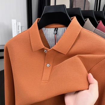 Polo da uomo in puro cotone, tinta unita, con colletto, casual, per la transizione primavera-autunno, a maniche lunghe, ideale per il commuting.