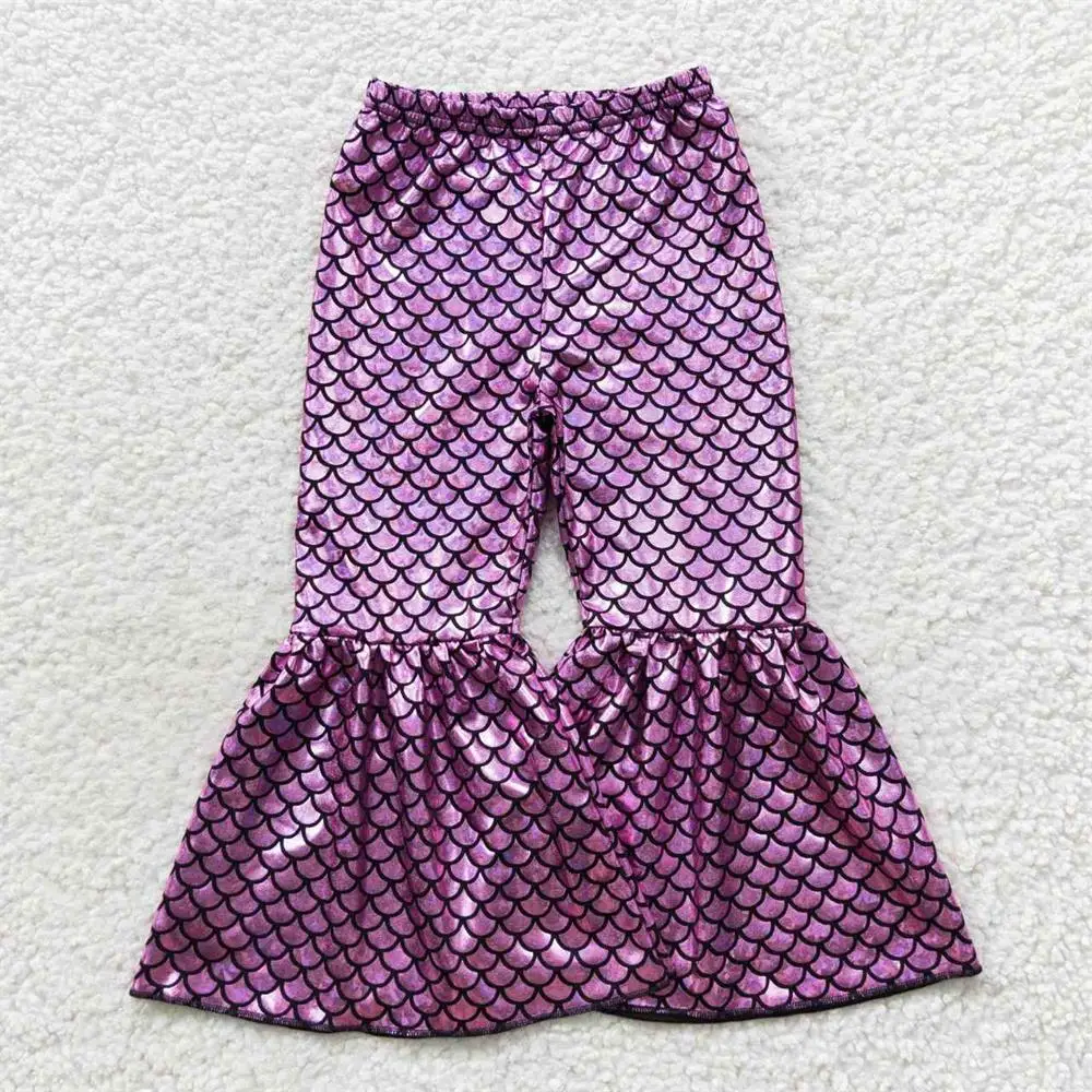 

Wholesale Baby Girls Mermaid Holographic Spandex Trousers Kids Children Toddler Bell Bottom Pants Infant Purple Mermaid Clothing