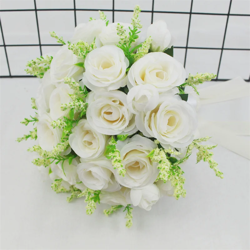 Braut Brautjungfer Hochzeitsstrauß Weiße Seidenblumen Rosen Handgefertigter Künstlicher Brautstrauß Hochzeitszubehör – Detail 4